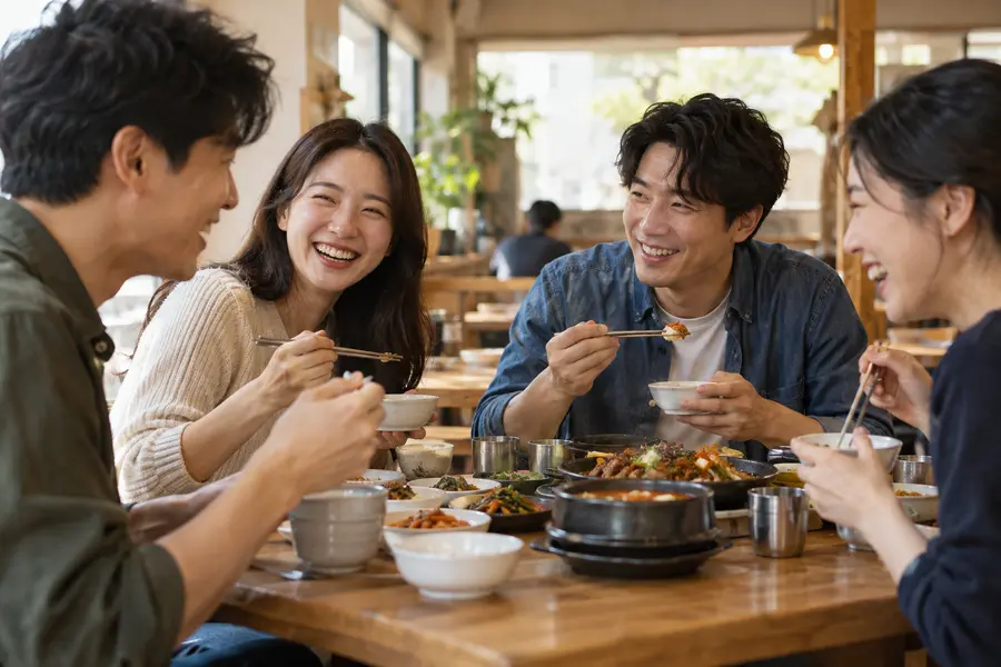 식탁에 둘러앉아 식사하는 식당 콘셉트 장면